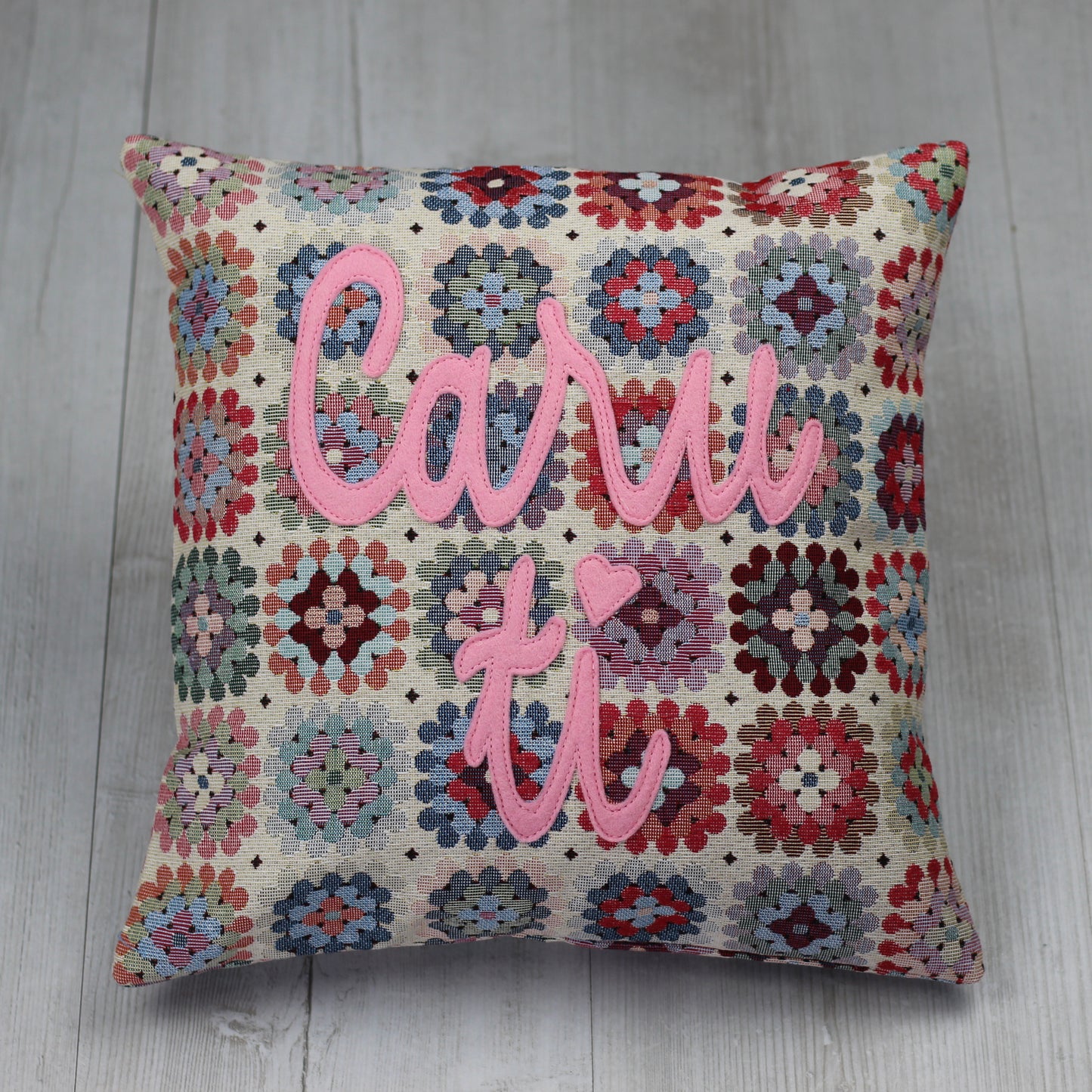 "Caru Ti " "Love You" Floral Crochet style cushion