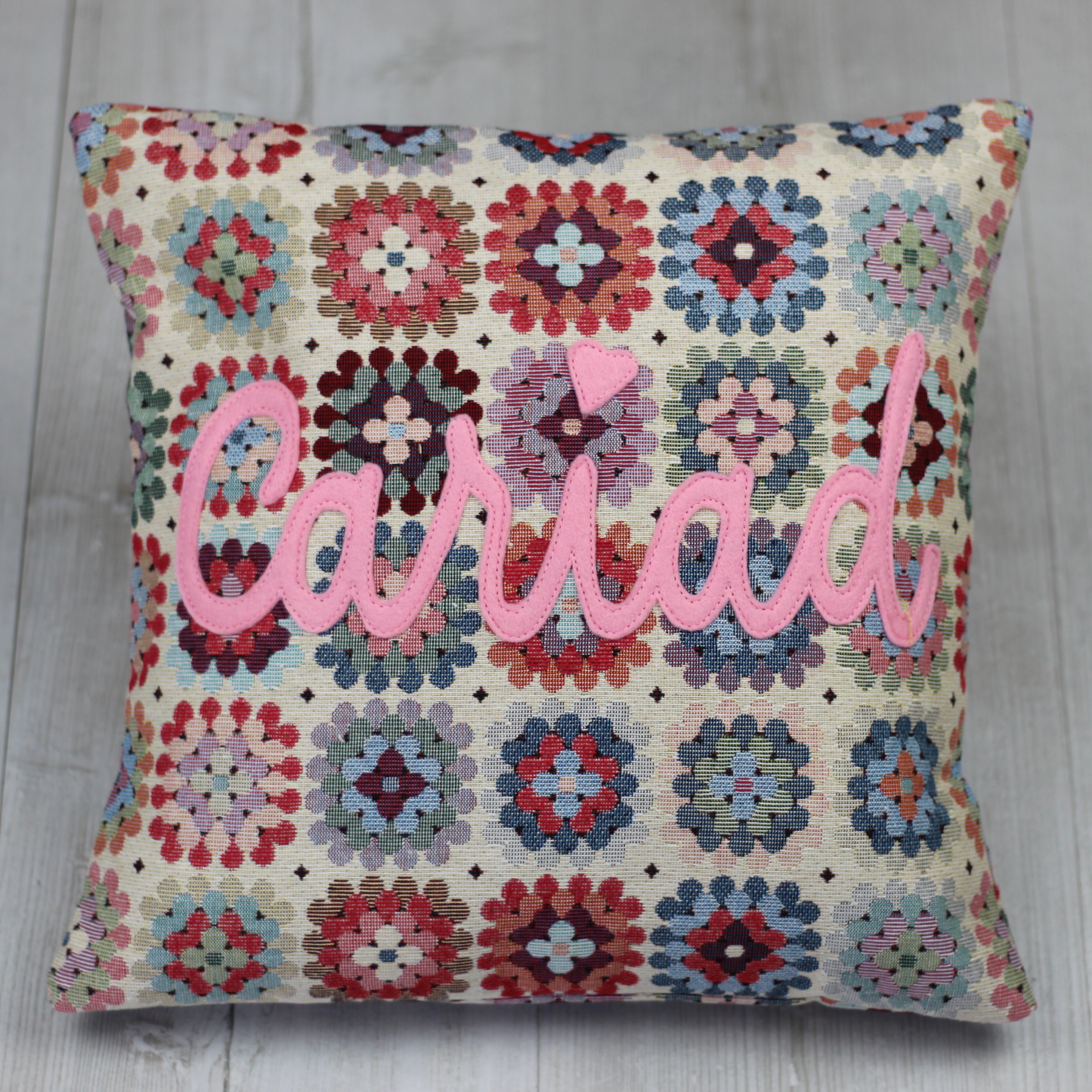 "Cariad" "Love/Sweet Heart" Floral Crochet style cushion