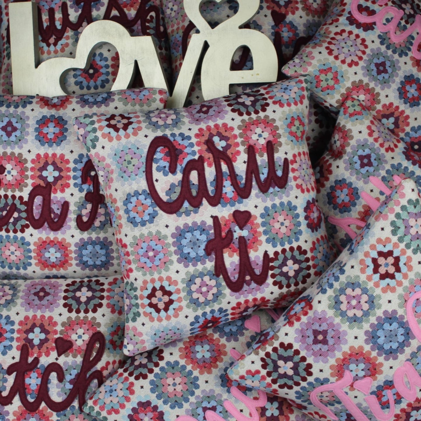 "Cwtch" "Hug" Floral Crochet style cushion