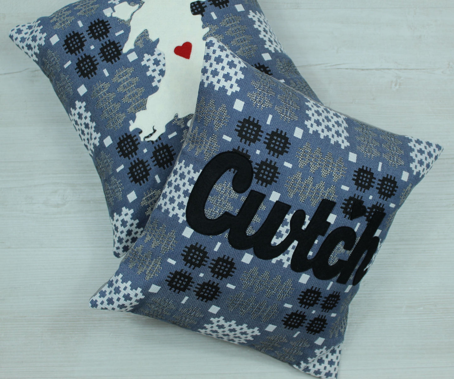 Blue Cwtch Cushion in Welsh Tapestry fabric with map of Wales Cushion