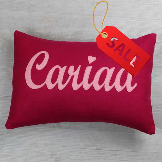 Cariad Appliqué Valentine Cushion – Bright Pink Wool Cushion