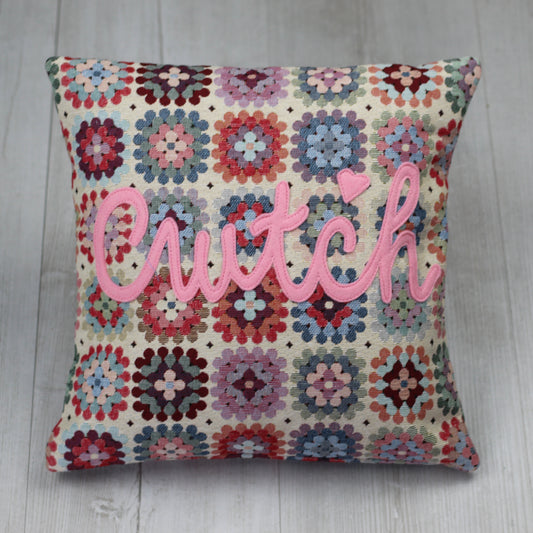 "Cwtch" "Hug"  Floral Crochet style cushion