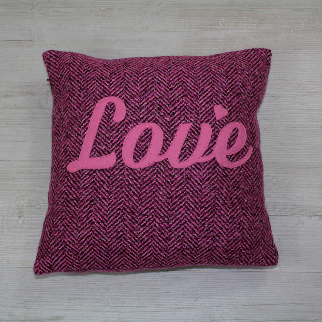 “Love” Appliqué Cushion – Soft Purple/Pink Fabric