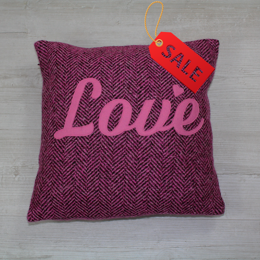 “Love” Appliqué Cushion – Soft Purple/Pink Fabric