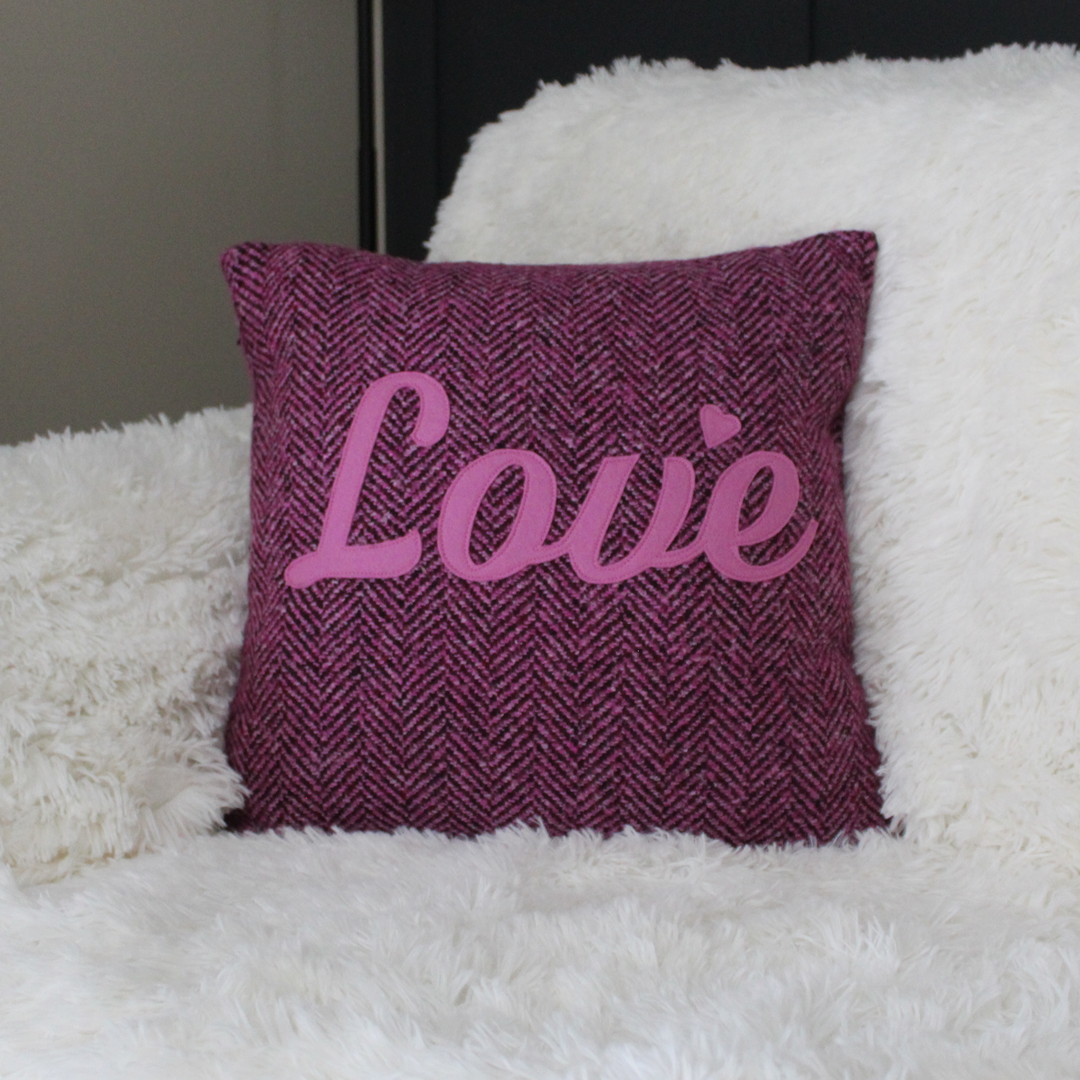 “Love” Appliqué Cushion – Soft Purple/Pink Fabric