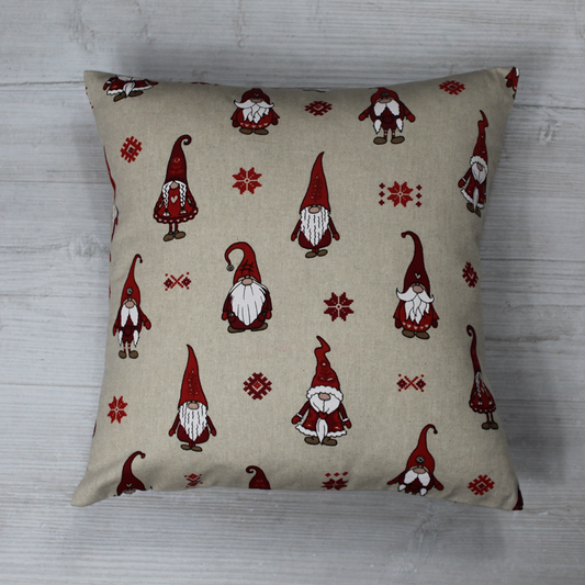 Cushion with multiple Red gnomes on a linen look fabric