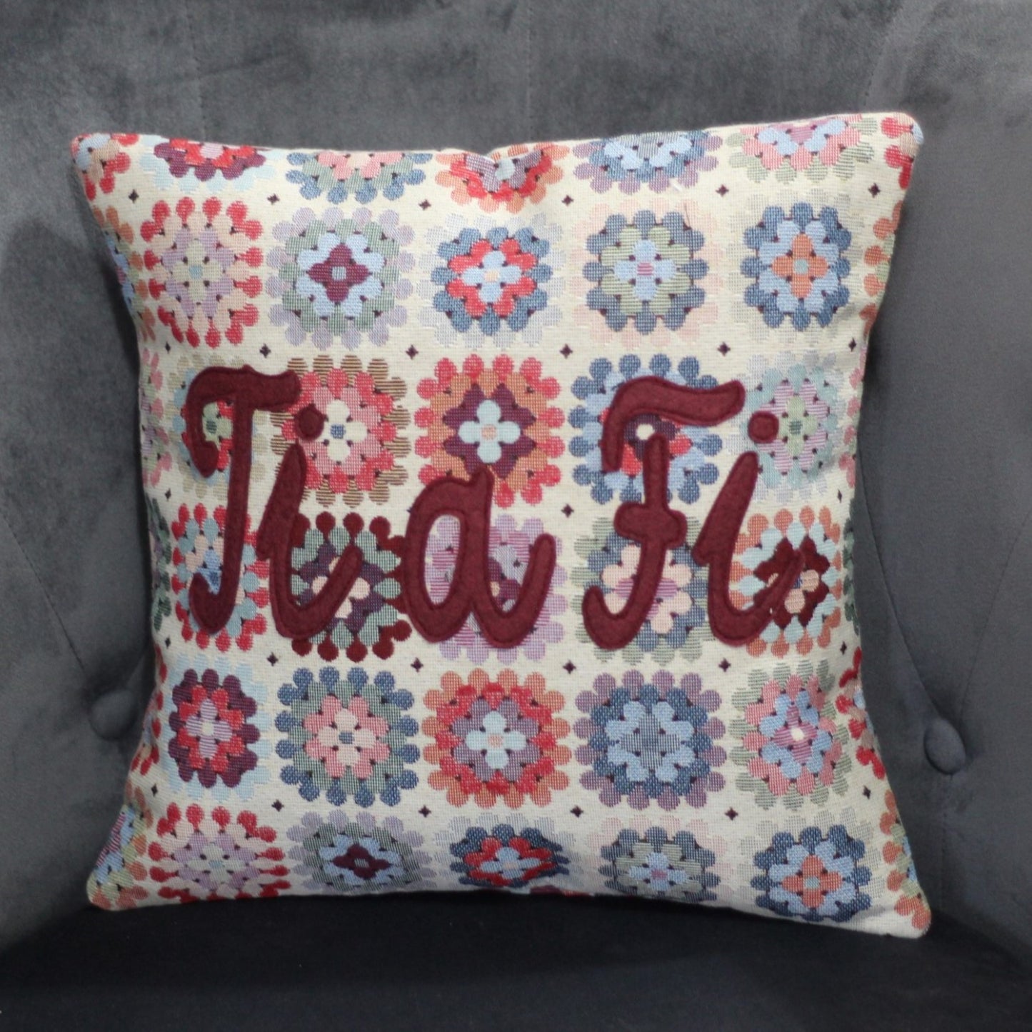 "Ti a Fi" "You and Me"  Floral Crochet style cushion