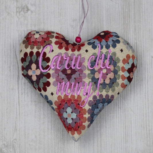 "Caru chi mwy" "Love You More"  Floral Crochet style Heart