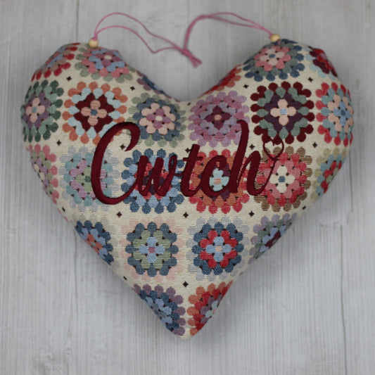 Large "Cwtch" "Hug"  Floral Crochet style Heart